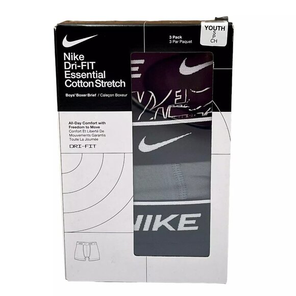 Nike Little Boy's Dri-Fit Cotton Stretch Boxer Brief Size 6-8 Black Gray 3-Pack - Picture 1 of 14